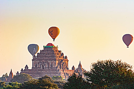 蒲甘,苏拉马尼寺,庙宇,佛塔,气球,曼德勒,区域,缅甸