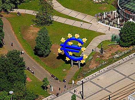 航拍,欧元标志,欧洲中央银行,法兰克福,黑森州,德国,欧洲