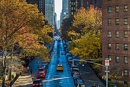 美国,纽约,下曼哈顿,城市街道,风景,高,线条,人行道