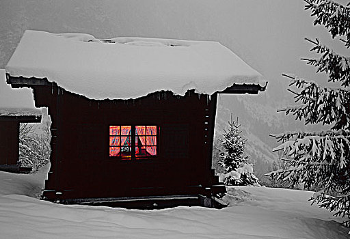 法国,山,木房子,雪