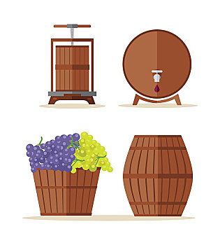 葡萄酒桶,篮子,葡萄,收集,桶,容器,木质,检查,旧式,葡萄酒,局部,序列,葡萄种植,制作,物品,矢量