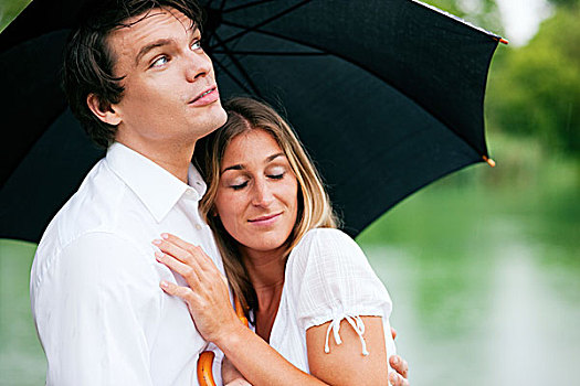 情侣,湖,夏天,雨,伞,遮蔽,拿着,女孩,手臂