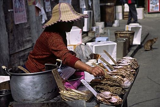 女人,室外,干燥,海鲜,销售,游人,乡村,大屿山,香港