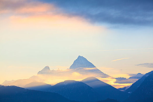 瓦茨曼山,日落,贝希特斯加登阿尔卑斯山,巴伐利亚,德国,欧洲