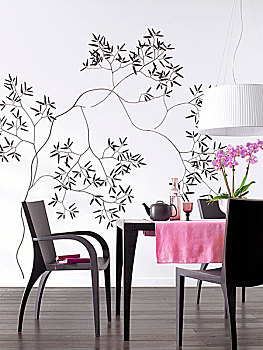 餐厅,黑白,花,壁纸,餐桌