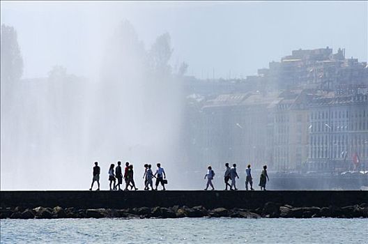 行人,码头,倒出,水,巨大,喷泉,日内瓦,瑞士