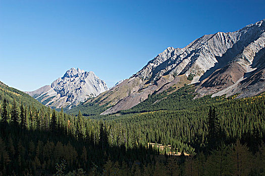 山脉,山谷,蓝天,艾伯塔省,加拿大