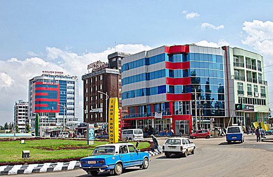 亚的斯亚贝巴,埃塞俄比亚,现代,城市,建筑,交通环岛,动作