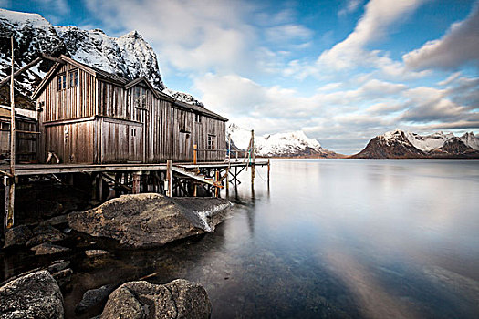 屋舍,冬天,渔村,瑞恩,峡湾,罗弗敦群岛,挪威,欧洲