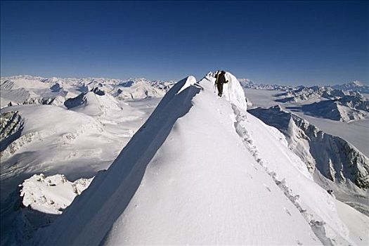 男性,站立,积雪,山脊,远眺,楚加,山脉,阿拉斯加,冬天