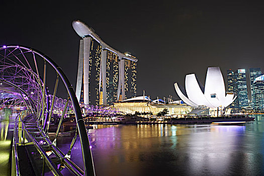 夜景,螺旋,桥,码头,沙,湾,酒店,新加坡