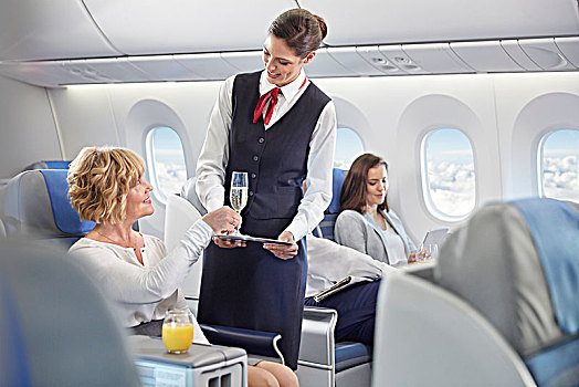 空乘人员,香槟,女人,第一,飞机