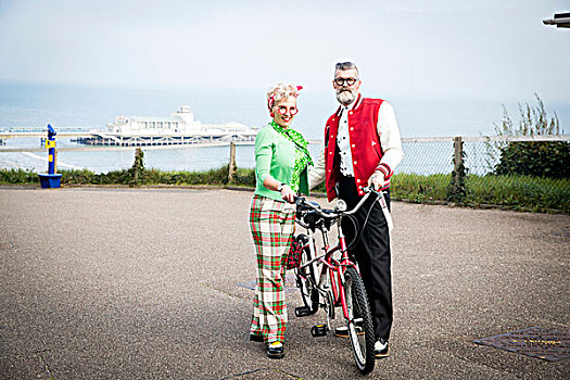 头像,20世纪50年代,旧式,风格,情侣,双人自行车,海岸