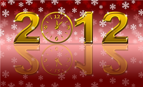 金色,新年快乐,钟表,雪花