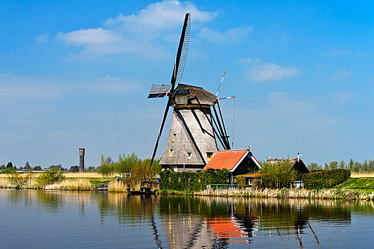 荷兰,风车,上方,运河,世界遗产,小孩堤防风车村,圩田,荷兰南部,欧洲