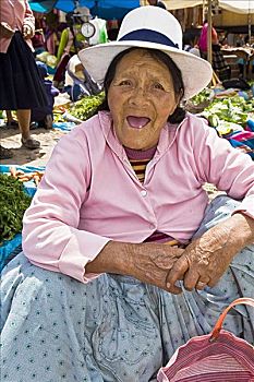 肖像,老年,女人,蹲,市场货摊,秘鲁
