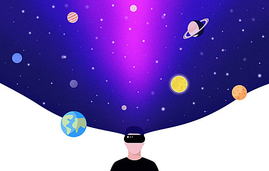 VR和元宇宙的概念男子戴著VR眼鏡觀看太陽(yáng)系