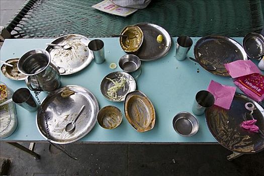 脏,餐具,桌上,食物,德里,印度