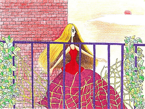 少儿插画,红色衣裙,黄色长发,阳台上,红太阳