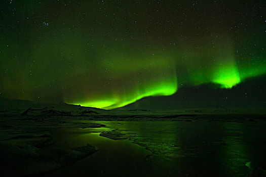 结冰,泻湖,杰古沙龙湖,瓦特纳冰川,国家公园,北极光,反射,欧洲,北欧,冰岛