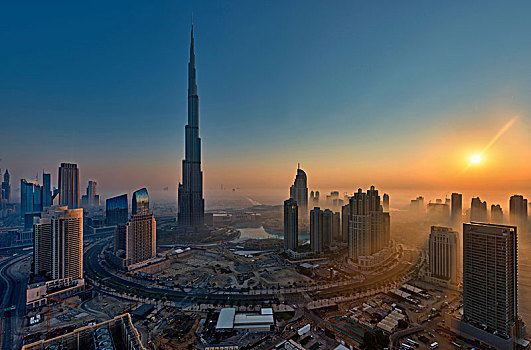 城市,迪拜,阿联酋,黄昏,哈利法,摩天大楼,建筑,前景