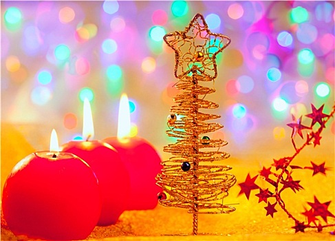 圣诞节,金色,树,小玩意,蜡烛