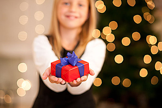 女孩,正面,圣诞树,礼物,关注,只有