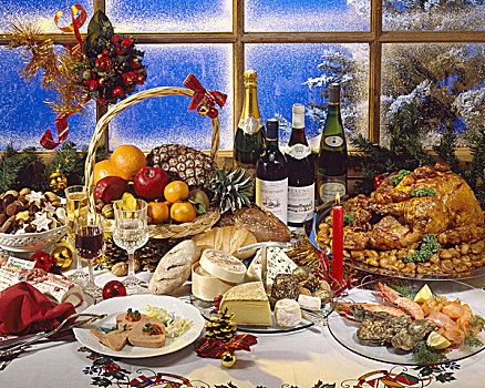 圣诞桌,土耳其,海鲜,种类,奶酪,水果,酒瓶,香槟