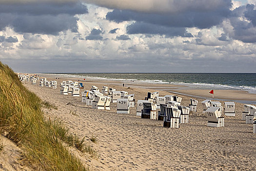 带蓬沙滩椅,海滩,德国,俯视图