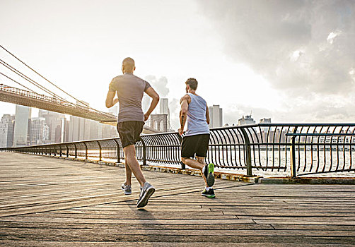 后视图,两个,男性,跑,朋友,正面,布鲁克林大桥,纽约,美国