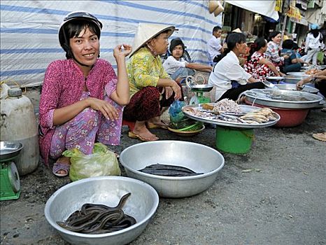 女人,销售,商品,生活方式,鳗鱼,鱿鱼,干鱼,鱼市,湄公河三角洲,越南,亚洲