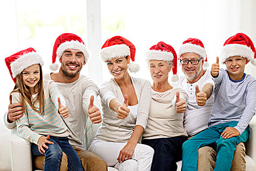 家庭,高兴,休假,人,概念,幸福之家,圣诞老人,帽子,坐,沙发,展示,竖大拇指,手势,在家