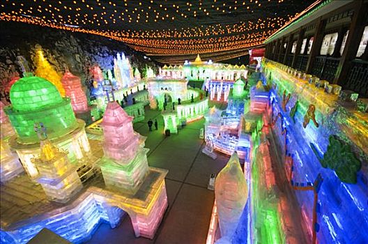 中国,北京,峡谷,游客,公园,冰雕,节日,展示,夜晚,照明