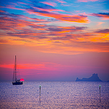 伊比萨岛,日落,太阳,福门特拉岛,岛屿,帆船,巴利阿里群岛
