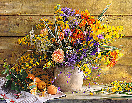 彩色,花束,陶瓷,花瓶,杏子,架子,木墙