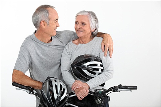 老年,夫妻,骑,自行车,一起
