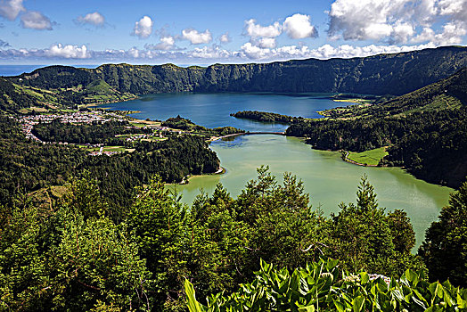 风景,远景,火山口,赛特港,湖,后面,乡村,亚速尔群岛,葡萄牙,欧洲