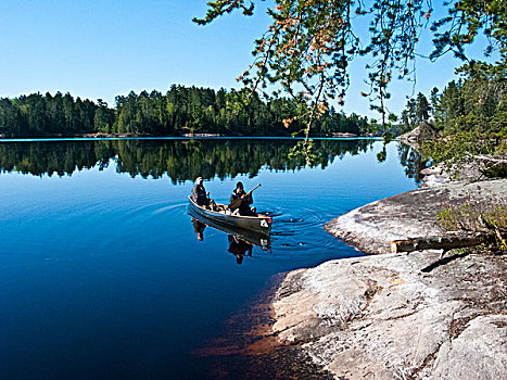 加拿大,安大略省,公园,湖,荒野,景色,两个男人,独木舟
