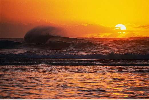 海洋,波浪,日落,夏威夷,美国