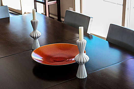 大,橙色,碗,蜡烛,餐厅,桌子,现代,铝,椅子