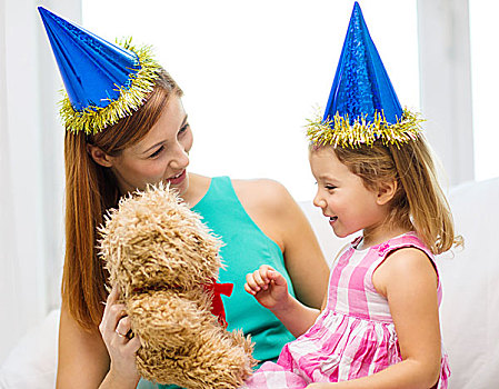 家庭,孩子,庆贺,高兴,人,概念,母女,蓝色,派对帽,泰迪熊