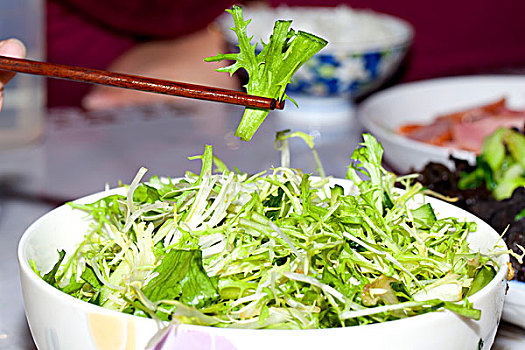 筷子从碗中夹起绿色的苦菊