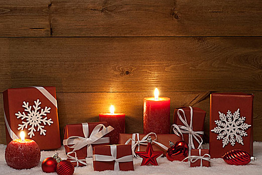圣诞装饰,红色,蜡烛,礼物,雪,球