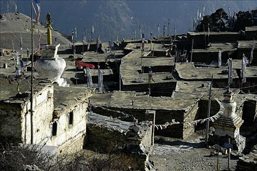 乡村,石头,房子,屋顶平台,安娜普纳地区,尼泊尔