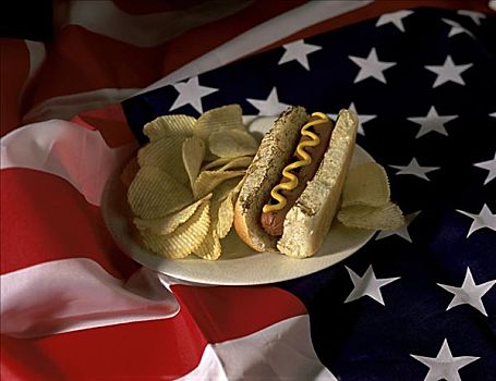 热狗,薯片,美国国旗