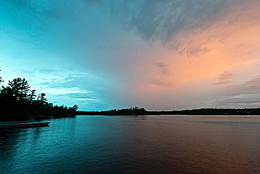 云,上方,湖,日落,木头,安大略省,加拿大
