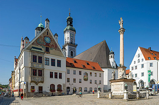 市政厅,城市,教区教堂,柱子,玛利亚广场,弗赖辛,上巴伐利亚,巴伐利亚,德国,欧洲