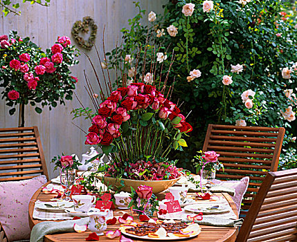 节日餐桌,玫瑰,户外