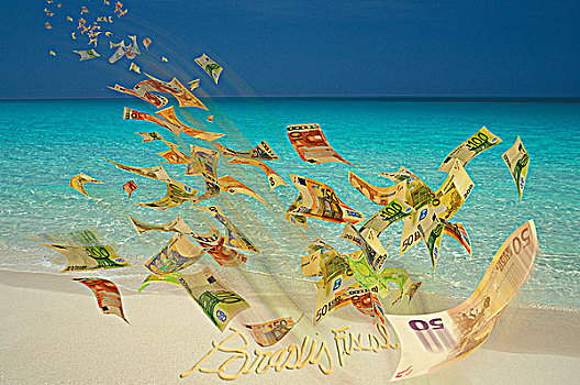 欧元,钞票,飞跃,热带沙滩,税