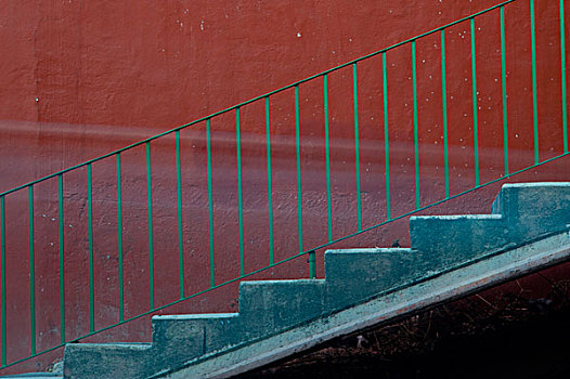 墨西哥,瓜纳华托,楼梯,栏杆,红墙,模糊